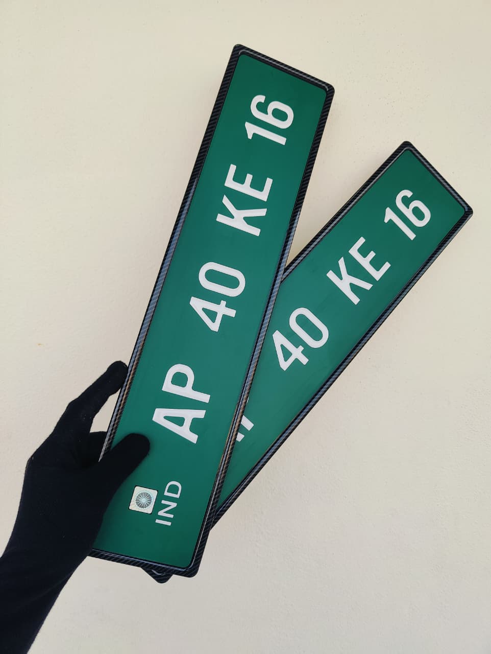 Carbon Volt Series green EV number plate with carbon style border