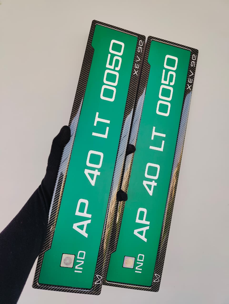 Carbon XEV Series green EV number plate